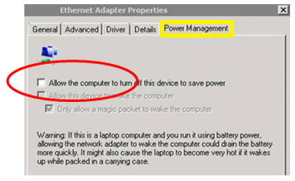 Screenshot: Network adapter properties | Power Management tab