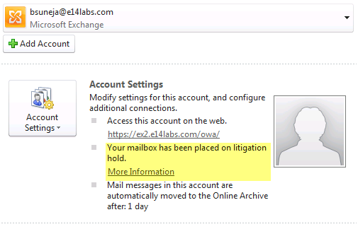 Screenshot: Hold comment and link displayed in the Backstage area in Outlook 2010