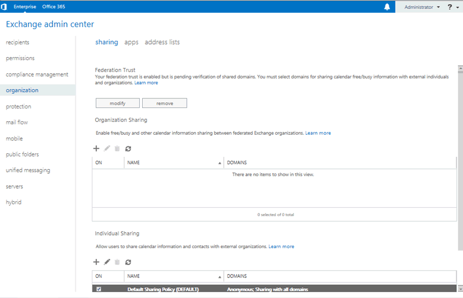 Screenshot: Organization Sharing and Individual Sharing sections in EAC