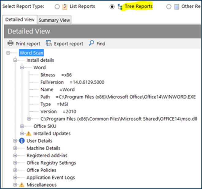 Screenshot: The Tree Reports view in OffCAT