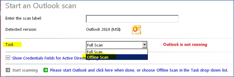 Screenshot: Performing an offline scan of Microsoft Outlook when you can't have it running