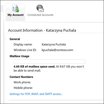 Screenshot: Retrieving the Client Access server name from POP, IMAP and SMTP Access settings in Outlook Web App