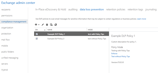 Screenshot: Data loss prevention (DLP) in the Exchange Administration Center (EAC)