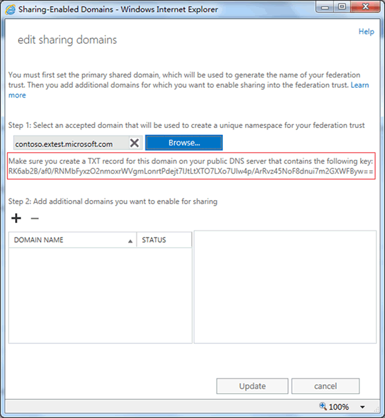 Screenshot: EAC displays the string you must use to create a TXT record