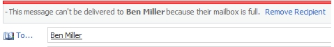 Screenshot: MailTip showing recipient mailbox is full