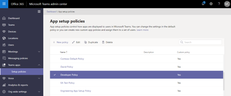 App Setup Policies in the Microsoft Teams admin center