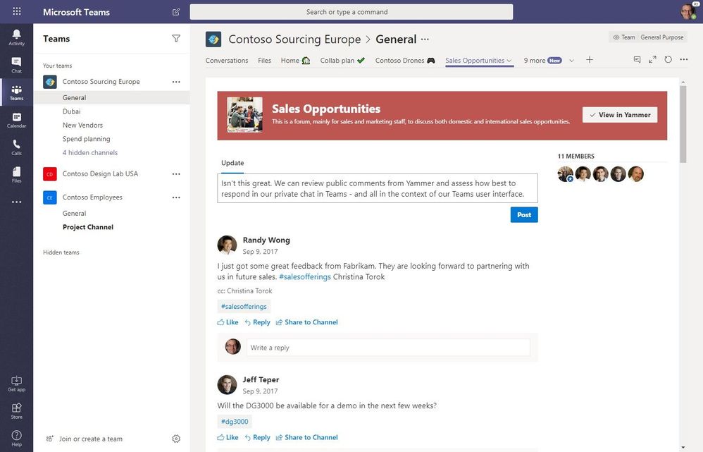 Simplify your workflow by adding a tab for a Yammer group in Microsoft Teams. Your team members can participate in the Yammer conversation, right from Teams, or discuss a Yammer conversation in Teams before posting a reply to the wider Yammer group.