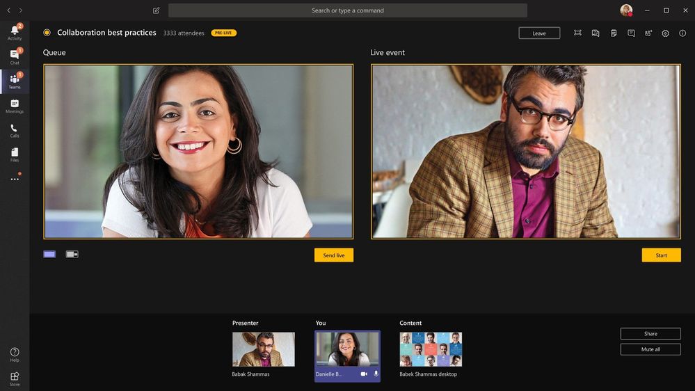 You can produce an event directly within Teams. You control presenters’ video and content before and during the live event. Get setup, press Start – “Go live.”