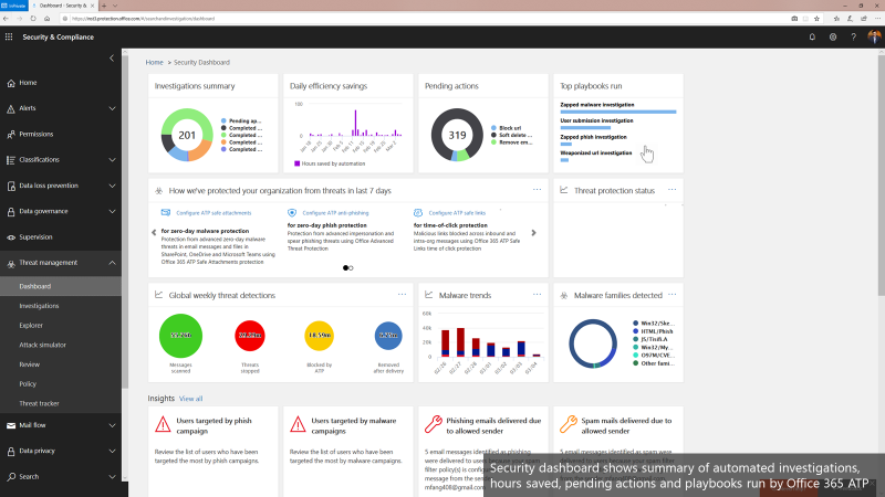 Security Dashboard showing summary of automated investigations