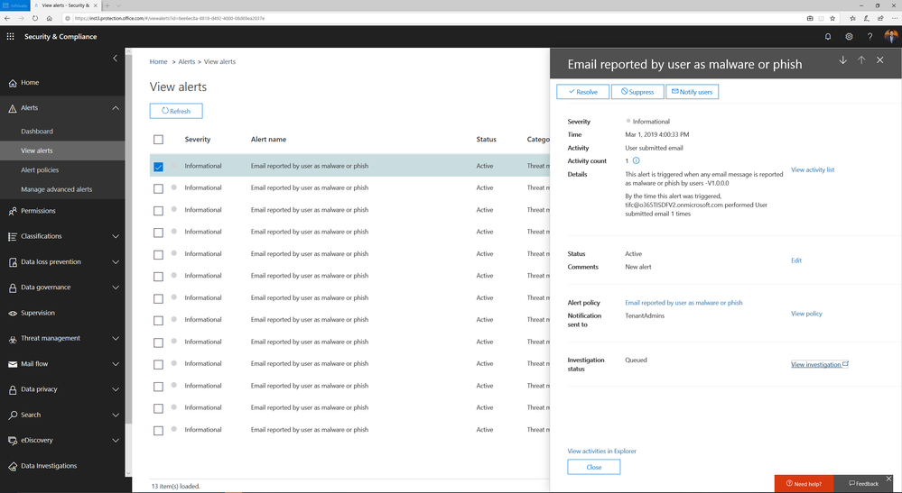 Alert automatically triggers investigation when a user reports an email as phish
