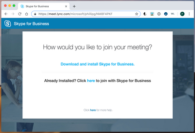 "How would you like to join your meeting?" web page when joining a Skype for Business meeting