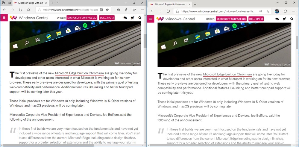 Edge Classic vs Edge Canary Text