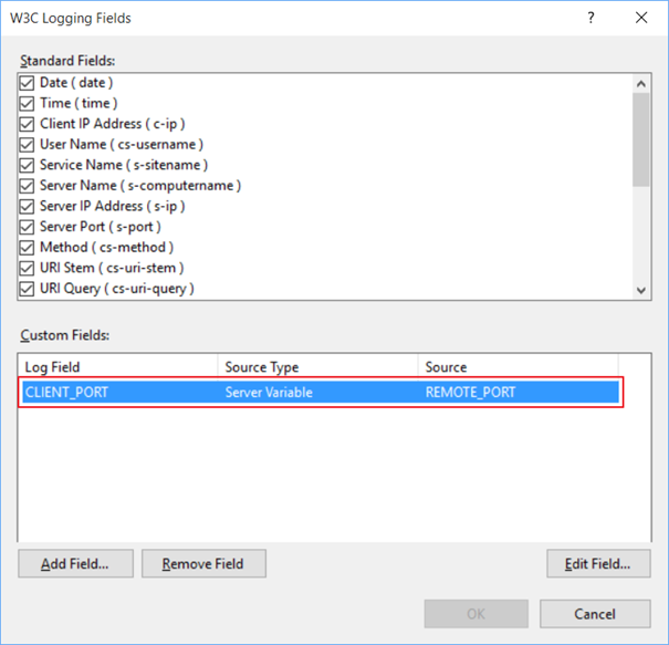 how to log client port number in IIS logs