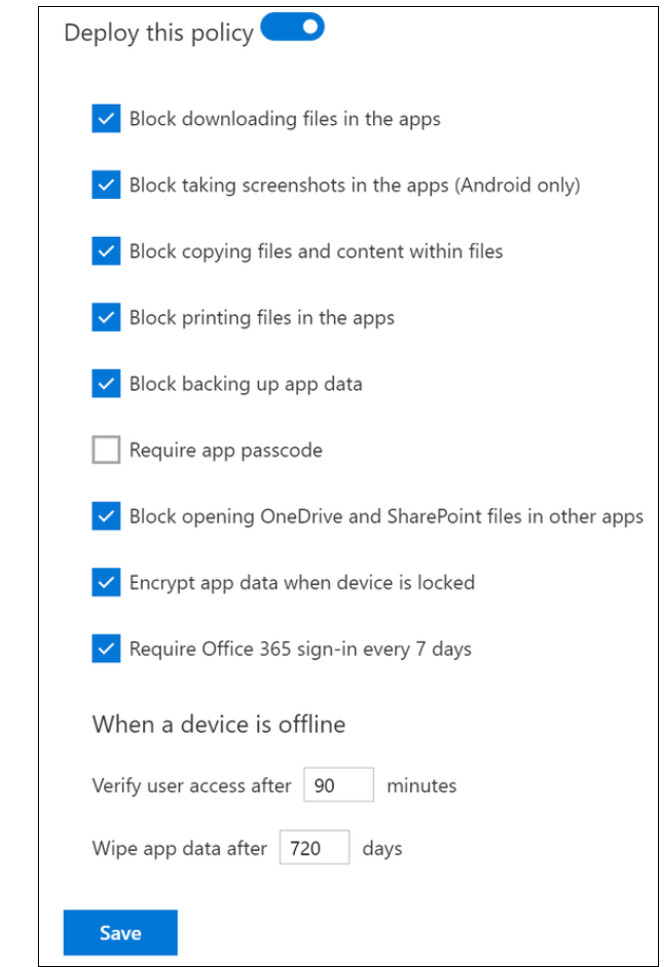 Mobile application management with Intune and OneDrive.