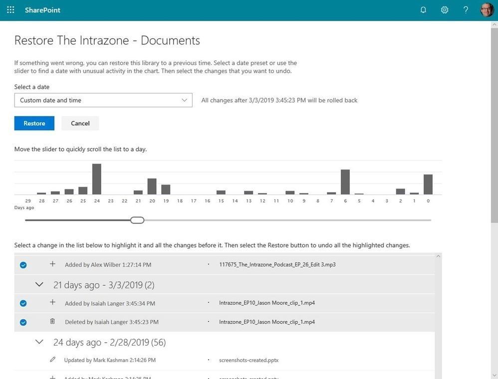 If something went wrong, you can restore a SharePoint document library (the same storage mechanism behind the Files tab in Microsoft Teams) to a previous time. Select a date preset or use the slider to find a date within unusual activity in the chart. Then select the changes that you want to undo.