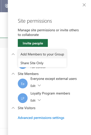 Site permissions management panel