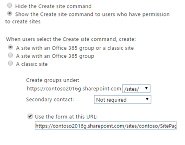 Site creation settings in SharePoint Admin Center