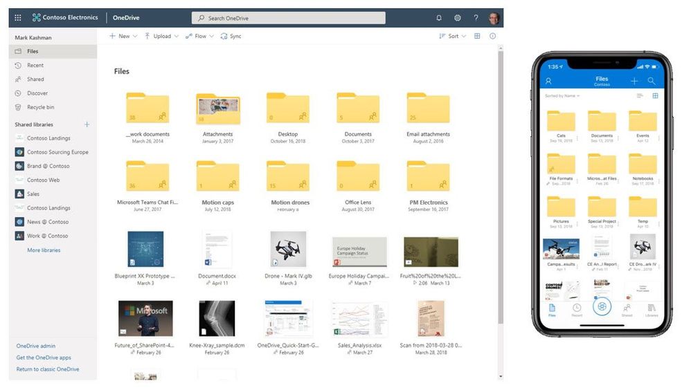 Folders will now appear golden across mobile and web in OneDrive, SharePoint and connected experiences in other apps - with visual icons to remind you of the contents and sharing status. (Web on the left, in OneDrive for iOS on the right)