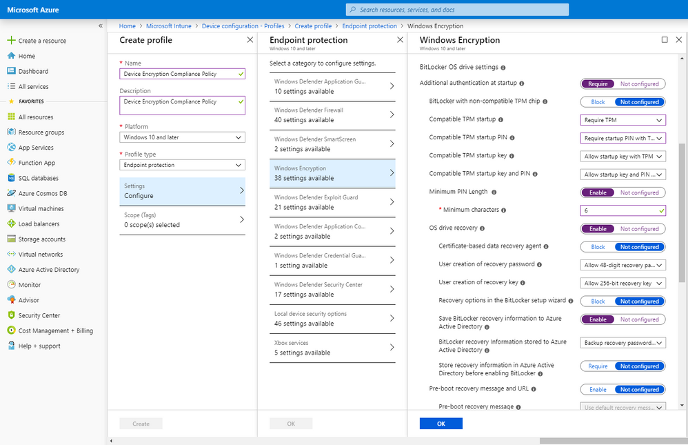 Microsoft Intune Endpoint Protection portal with example settings – With 38 BitLocker Encryption settings, you can customize the settings for your company.