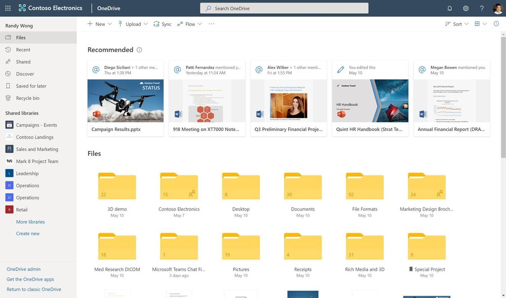 Planned OneDrive Fluent Design user interface (UI) updates and new features - showing Recommended files, golden folders and a more intuitive way to create shared libraries.