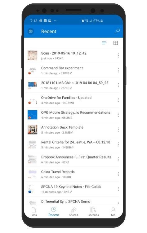 The recent view within the OneDrive mobile app shows recent documents of all types - and now includes PDFs and scanned items.