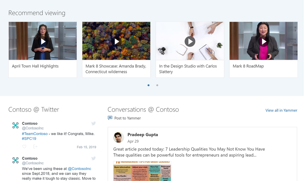 It’s easy to embed rich video from Microsoft Stream, conversations from Microsoft Yammer, or other social