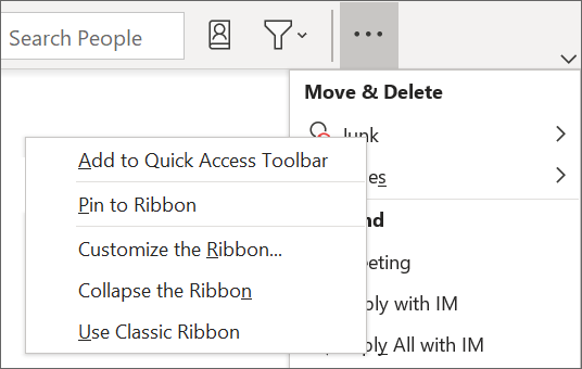 Figure 3 - Menu to pin commands to the Simplified Ribbon