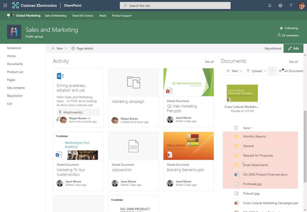 The SharePoint Site Activity web part now shows group email activity from Outlook alongside document library, list items, and other things coming from the group-connected apps.