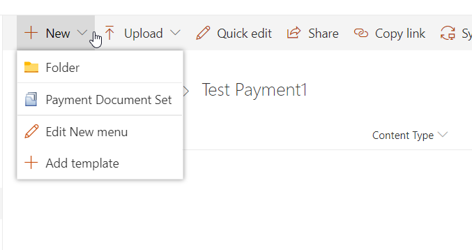4. Content types under the document set is now shown