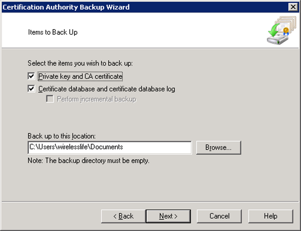 Certification Authority Backup Wizard Item Selection