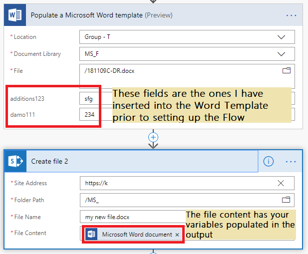 You can insert your variables into the Populate a MS Word template fields above