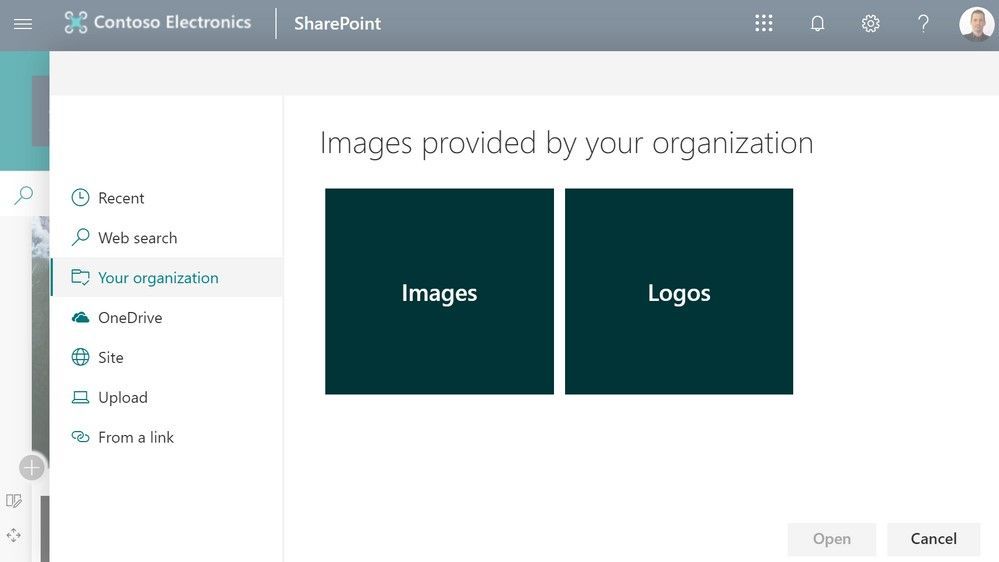 Once established, people can browse for organization assets by clicking “Your organization” when adding an image page and news headers, image/gallery web parts and more.