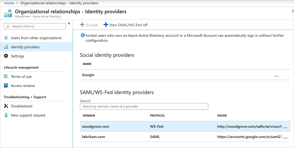 Figure 2. Setting up direct federation in Azure AD—Organizational relationships.