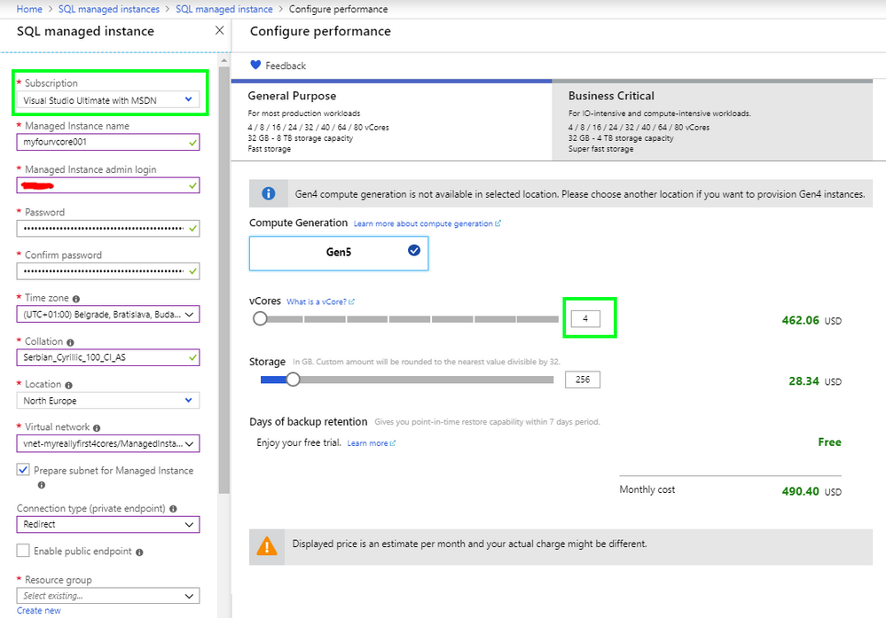 The 4 vCore SQL MI deployed on Visual Studio with MSDN subscription