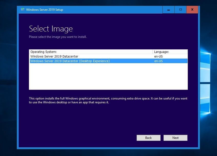 Windows Server 2019 select image edition