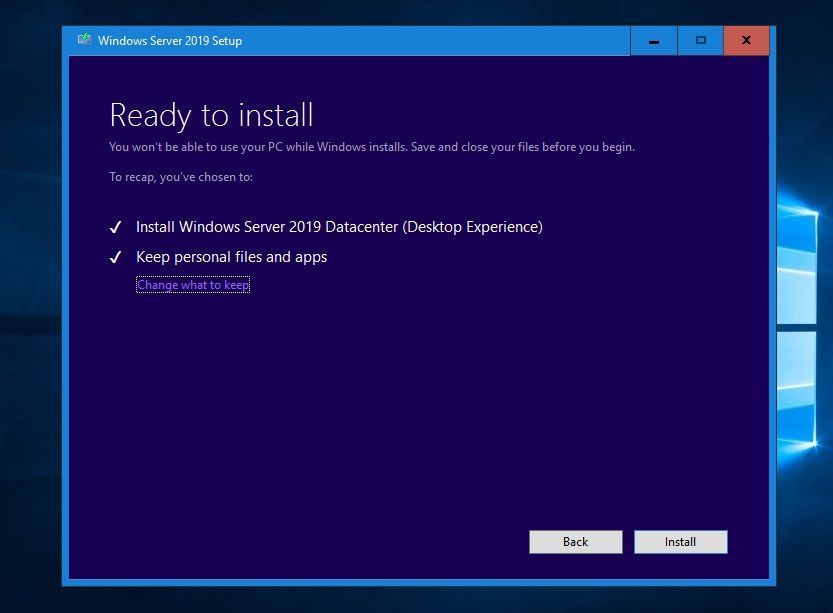 Windows Server 2019 in-place upgrade install