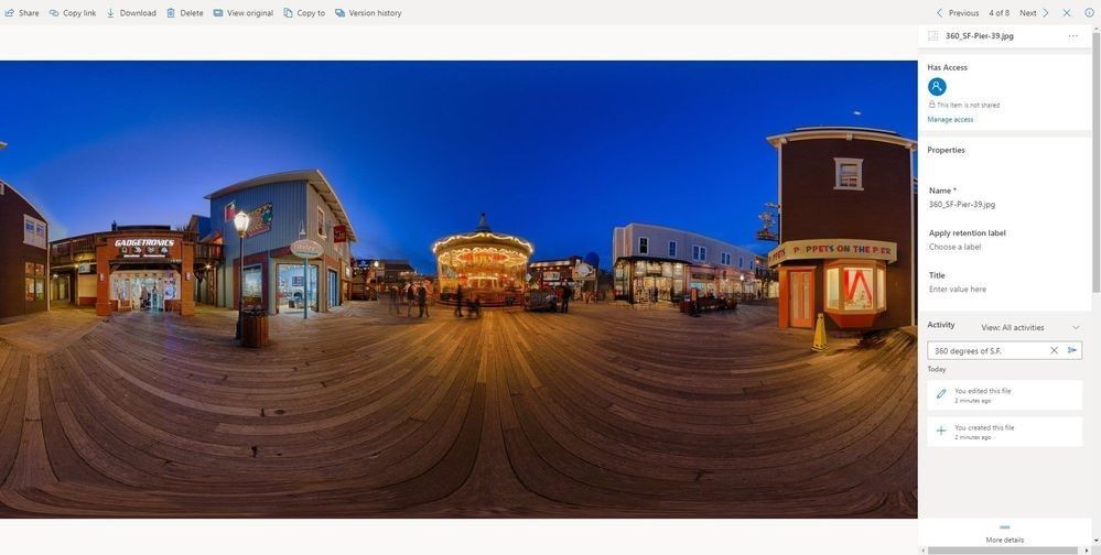 Interact with 360-degree image .jpg previews inside OneDrive in Office 365, alongside it’s file information, activity and comments.