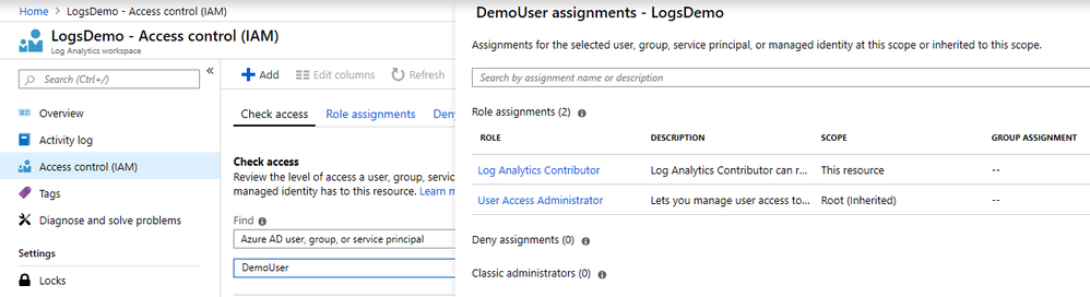 Azure portal - Log Analytics role assignments