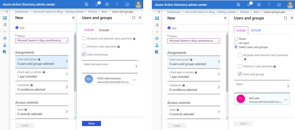 Figure 5 – On the Include tab, add Test user. On the Exclude tab, add your admin user account.  (This would be a critical step if you applied Conditional Access to “All users.”) Then name your new policy.