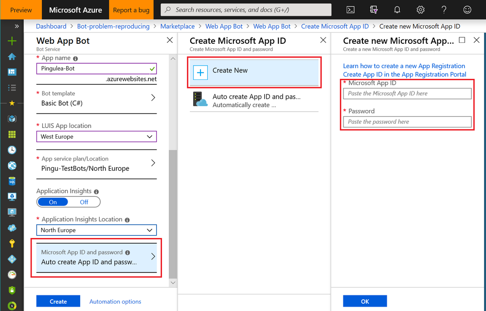 Create bot with pre-defined app registration: app ID & password