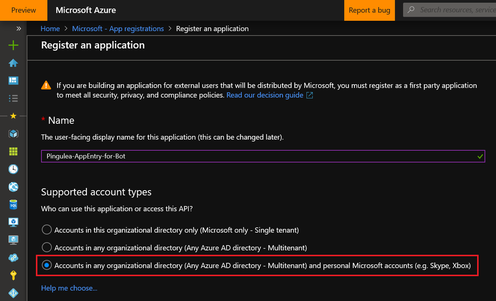 Check the correct option when creating an app registration for a bot