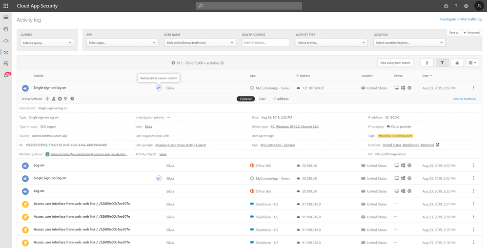 Image 1: Activity log in Microsoft Cloud App Security, showing redirection to the reverse proxy for a custom app.