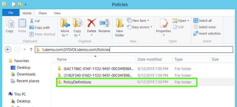 Creating the Central Store folder titled PolicyDefinitions - ADMX Templates