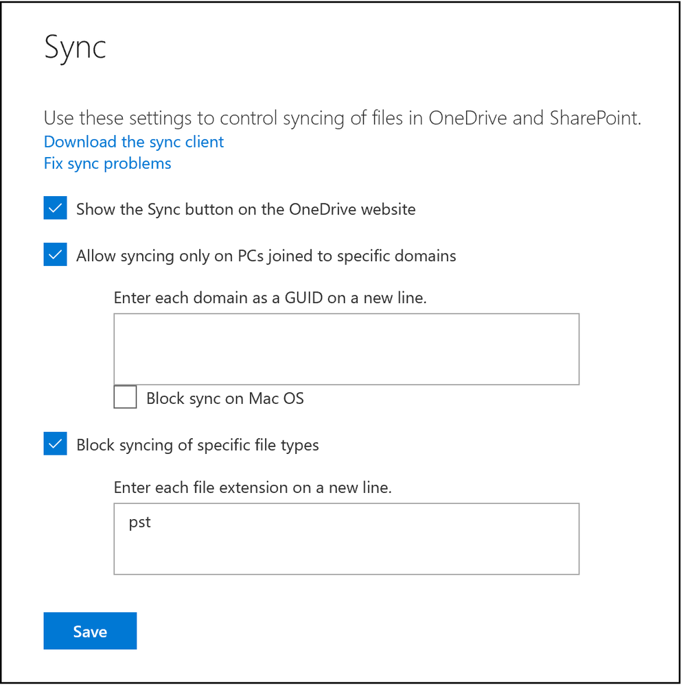 Admin center helps you block syncing of specific file types and domain joined PCs