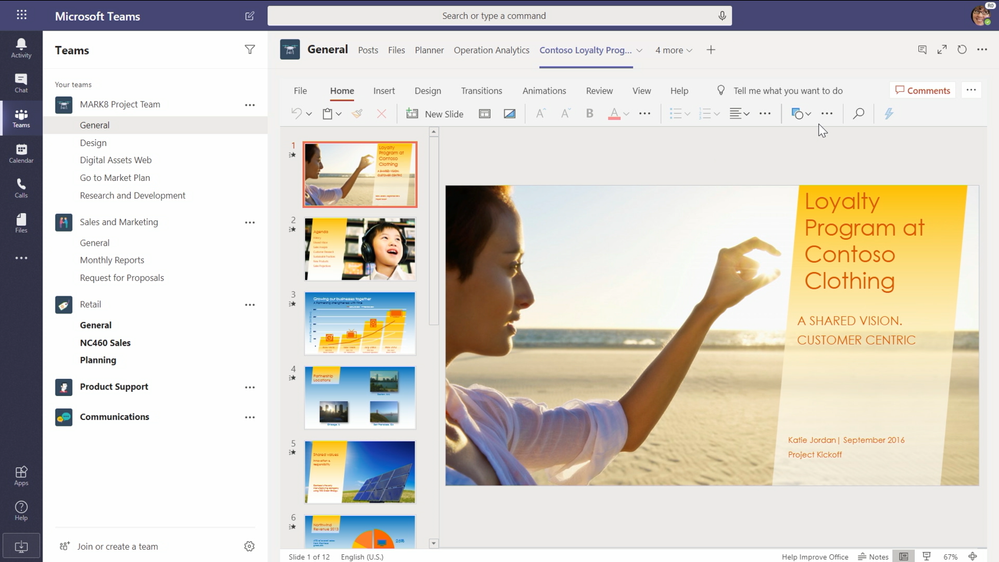 Add an individual Office document as a tab in Teams. As shown above, a PowerPoint file loads in full fidelity using PowerPoint for the Web.