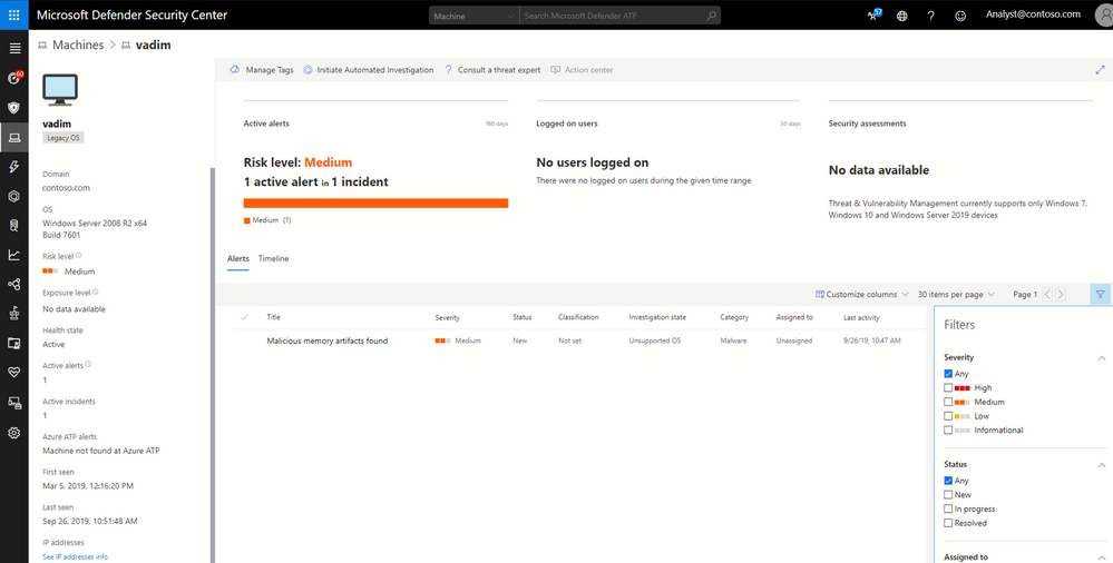 Machine page showing an in-memory detection on a Windows Server 2008 R2 machine