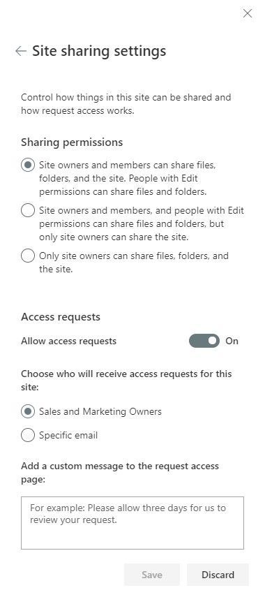 Site owners can edit sharing permissions inline in the Site permissions panel.