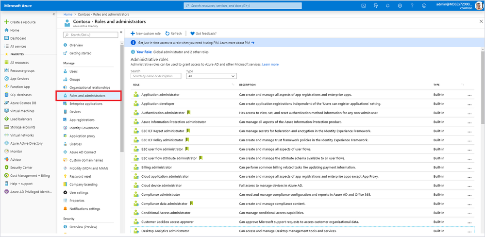 Roles and administrators tab in the Azure portal.