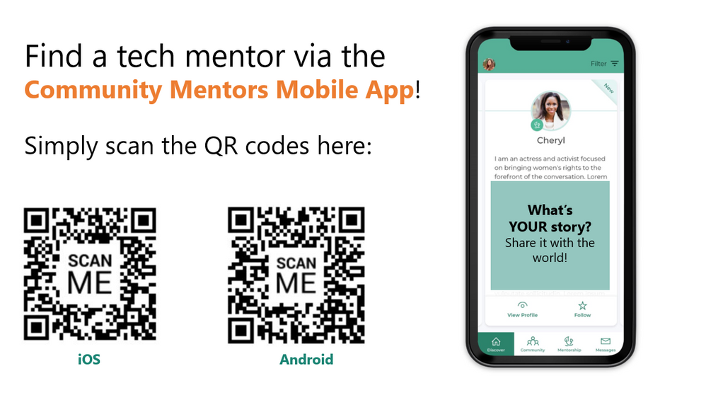 Scan these QR codes to get the direct link to download the Community Mentors mobile app on iOS/Android