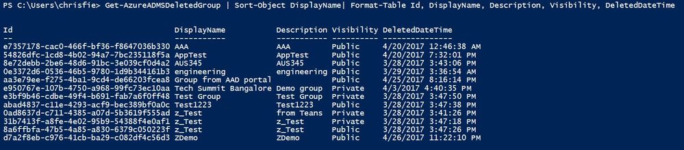 Get-AzureADMSDeletedGroup | Sort-Object DisplayName| Format-Table Id, DisplayName, Description, Visibility, DeletedDateTime